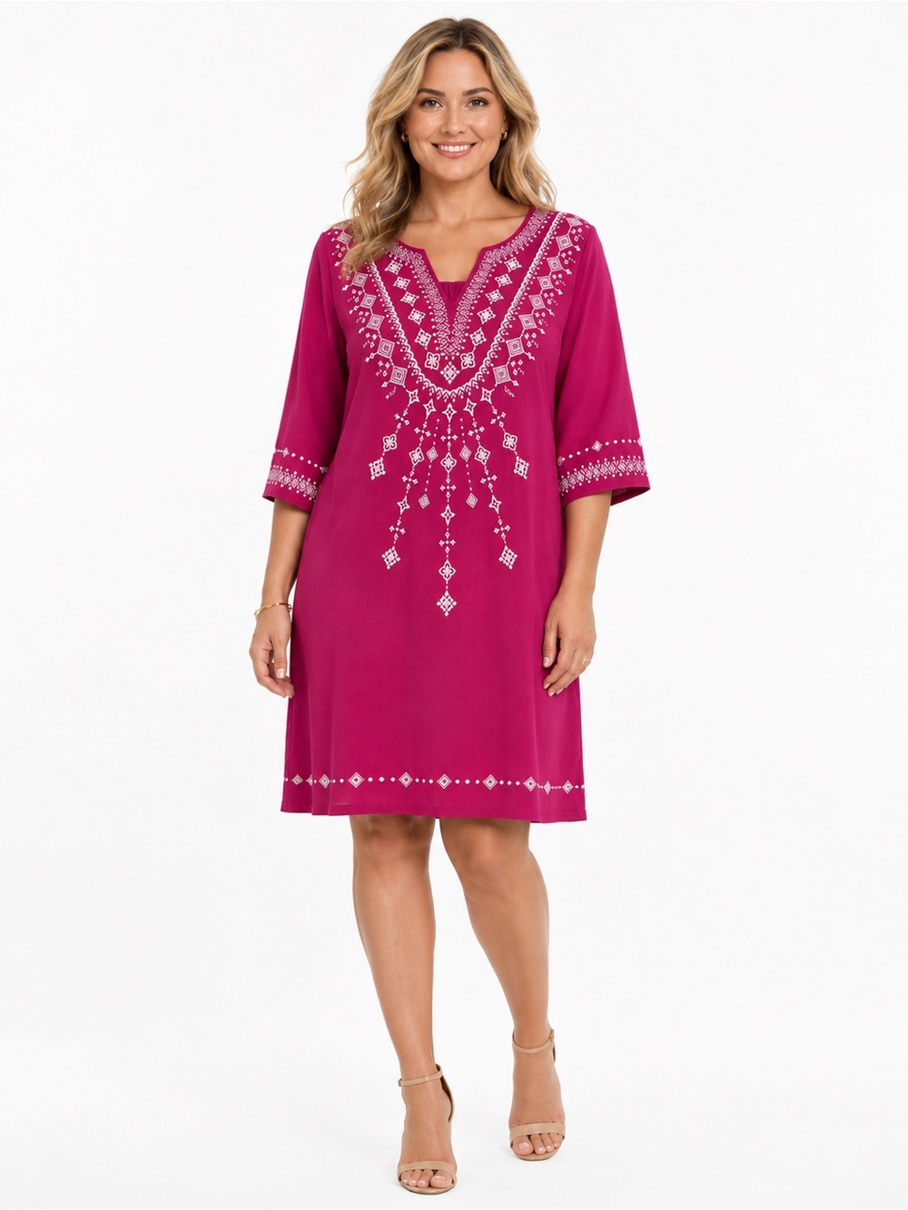 Savanna Jane Tunic Top 1X Pink Linen Blend Embroidered V-Neck Boho Linen Blend